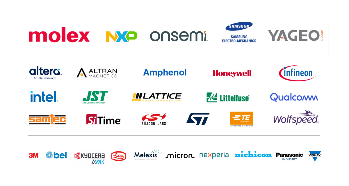 molex - NXP - onsemi - SAMSUNG - YAGEO - ALTRAN MAGNETICS - Amphenol - Honeywell - Infineon - Intel - JST - LATTICE - Littelfuse - Qualcomm - samtec - SiTime - SILICON LABS - ST - TE - Wolfspeed - 3M - bel - KYOCERA - Melexis - Micron - nexperia - nichicon - Panasonic - IAMX